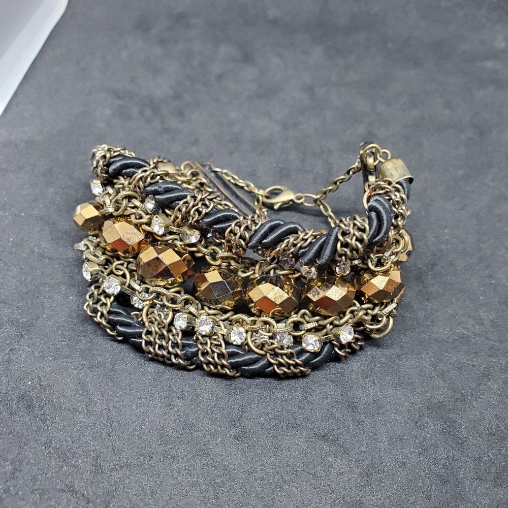 Bronze Tone Wide Chain Bracelet Glass Bead Jewelry